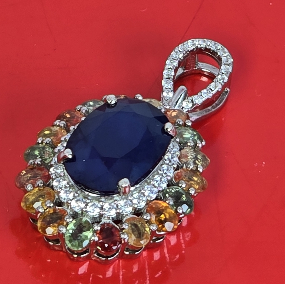 925 Sterling Silver Large Pendant with Blue Sapphire & Multicolor Sapphire Gems